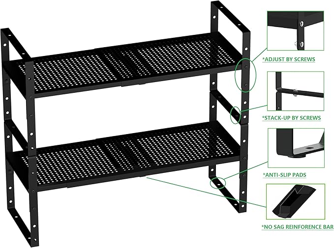 Expandable Shoe Rack Stackable Metal Pantry Storage Shelves Stand Adjustable Height Cabinet Shelf Organizer Racks Spice Shelving(3PACKS/BLACK,MEDIUM)