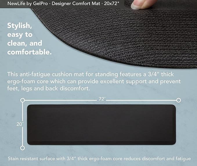 GelPro NewLife Designer Comfort Ergo-Foam Cushioned Anti-Fatigue Kitchen Floor Mat, Stain-Resistant, Waterproof, Non-Slip Padded Desk/Office Mat, 20" x 72", Grasscloth Charcoal