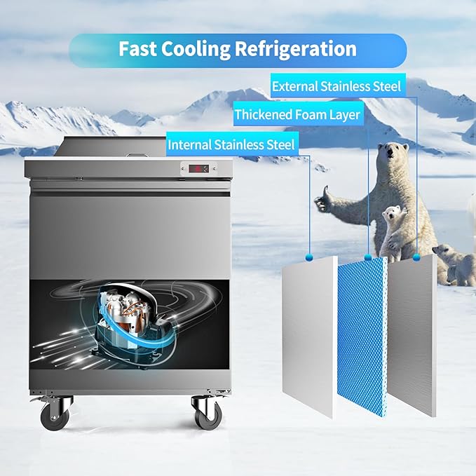 29" W Sandwich Salad Prep Table Refrigerator Commercial Refrigerator with 8 Pans Stainless Steel Fan Cooling Kitchen Equipment