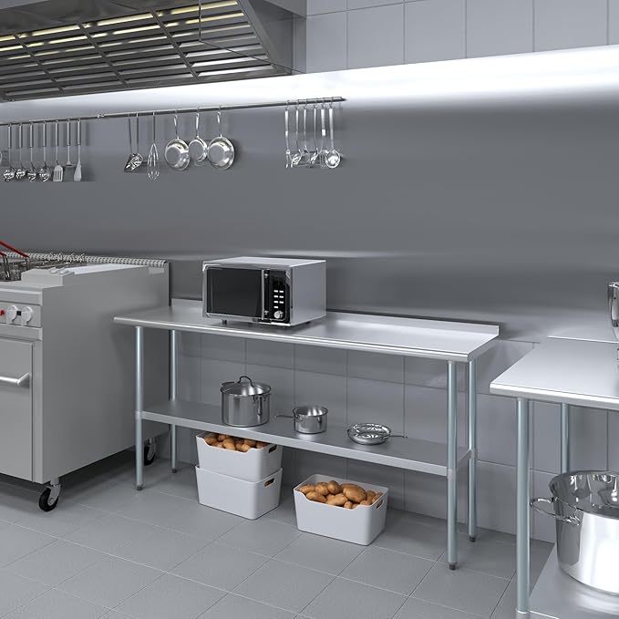 AmGood Stainless Steel Work Table with 1.5" Backsplash | Metal Kitchen Food Prep Table | NSF (72" Long x 18" Deep)