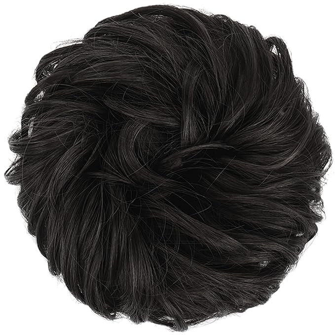 FESHFEN Large Messy Bun Hair Piece - Wavy Synthetic Chignon Scrunchies Elastic Ponytail Hair Extensions Thick Hairpieces for Women, Black Brown 1.94oz