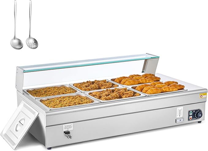WILPREP 6-Pan Commercial Food Warmer with Sneeze Guard, Six 1/2 Pans, 1500W Countertop Electric Warmer, 86-185°F Adjustable Temp Control, Stainless Steel Buffet Bain Marie
