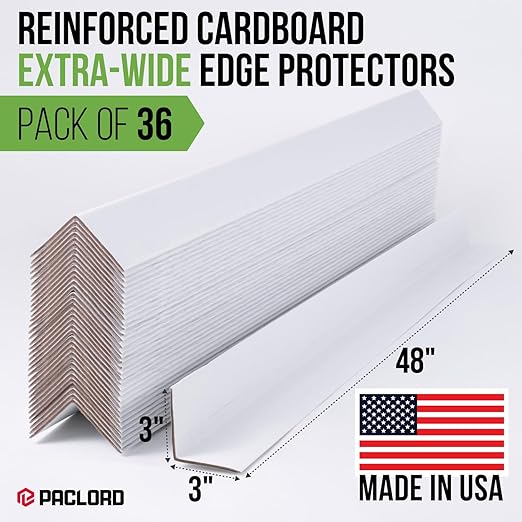 Extra-Wide 48" x 3" x 3" Reinforced Cardboard Edge Protectors (Pack of 36) – 0.16" Standard-Duty Thickness – Cardboard Edge Protectors for Shipping – American Quality Pallet Edge Protector