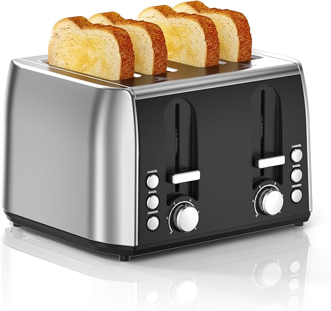 Toaster 4 Slice Retro Stainless Steel, 4 Slice Toaster with Extra Wide Slots with 6 Shade Settings, Toast Boost, Cancel Button, Perfect for Waffles, Bagels and More