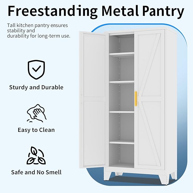 71" Tall Pantry Cabinet, White Metal Pantry Storage Cabinet, Kitchen Pantry Storage Cabinets with 2 Door and 4 Adjustable Shelves (White, 71" Modern)