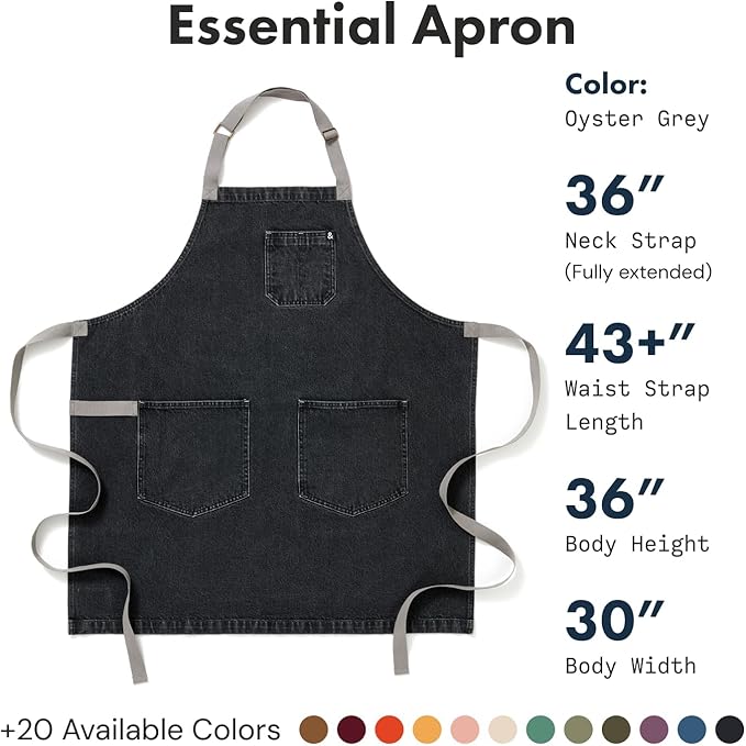 hedley & bennett Essential Apron - Heavy-Duty Denim Kitchen Apron with Pockets & Towel Loop - Professional Chef Workwear for Cooking & Grilling - Oyster Gray