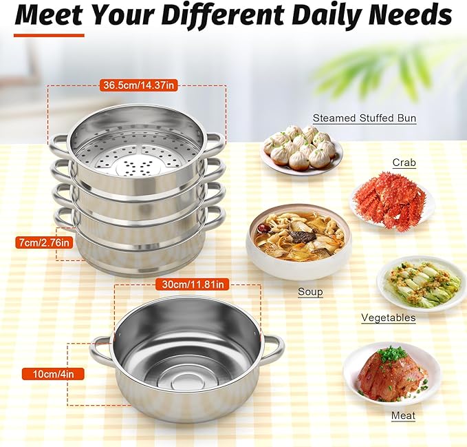 5 Tier Stainless Steel Steamer Pots Stackable Pan Steamer Cooking Pots Steam Canner with Lid Cookware Steaming Pots for Kitcken (30CM)