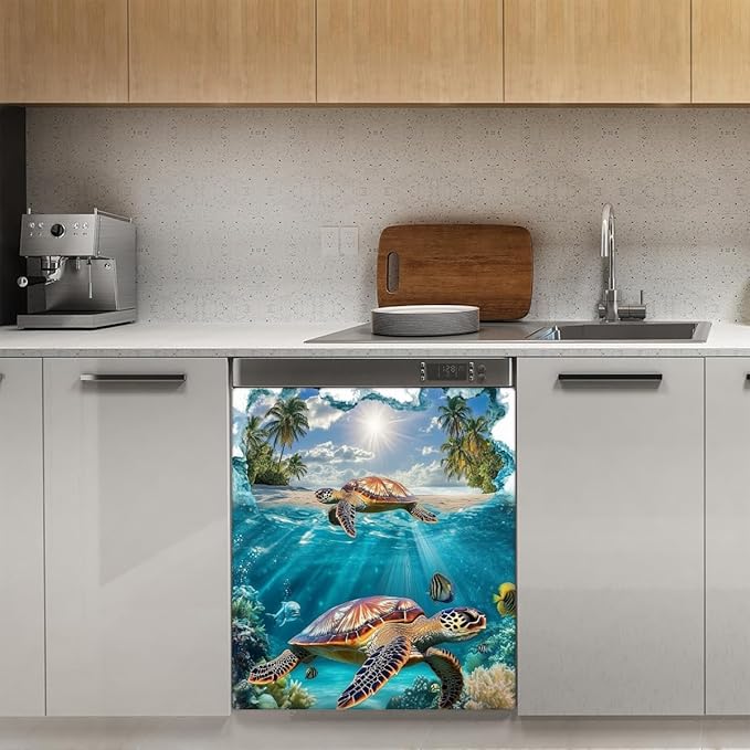 Ocean Turtles Dishwasher Magnet Cover for Door Front, Dishwasher Panel Decal Animal Reuseable Refrigerator Magnet Cover Decal Fridge Stickers Home Decor, 23 x 26 Inch