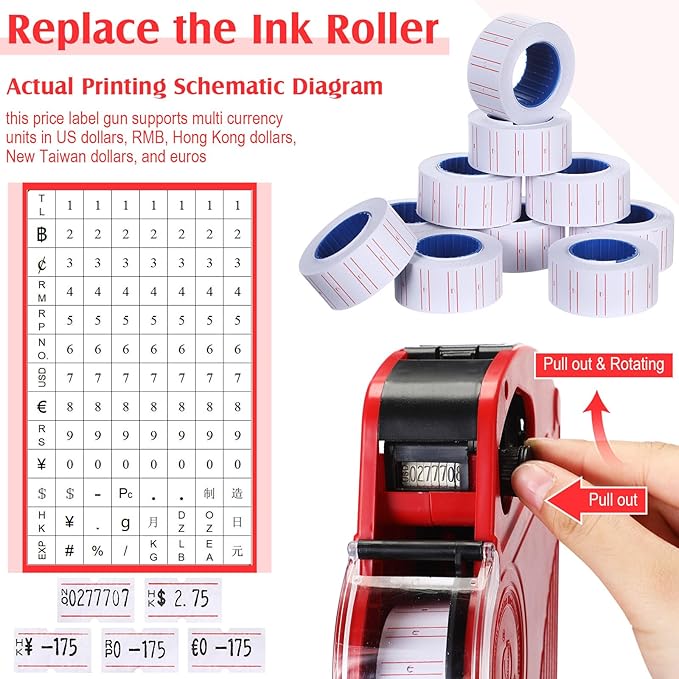 3 Pack 8 Digits Price Tag Gun Label Pricing Gun Kit with 12000 Labels & 9 Ink Rollers for Retailer Supermarket Grocery Store Food(Red)