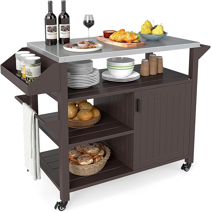 Giantex Outdoor Grill Cart with Storage Cabinet & Shelves, Patio Kitchen Island Table with Stainless Steel Top, Spice & Towel Rack, Movable Pizza Oven Stand on Wheels, Rolling Bar Cart BBQ Prep Table