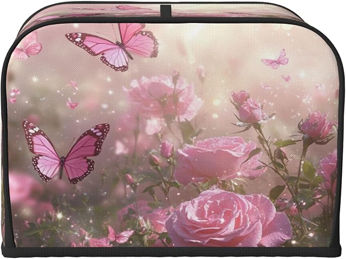 4 Slice Toaster Cover for Kitchen Spring Butterfly Rose Garden Waterproof and Dustproof Toaster Dust Cover with Side Pockets Decorative Universal Cover for Wide Slot Toasters and Small Appliances