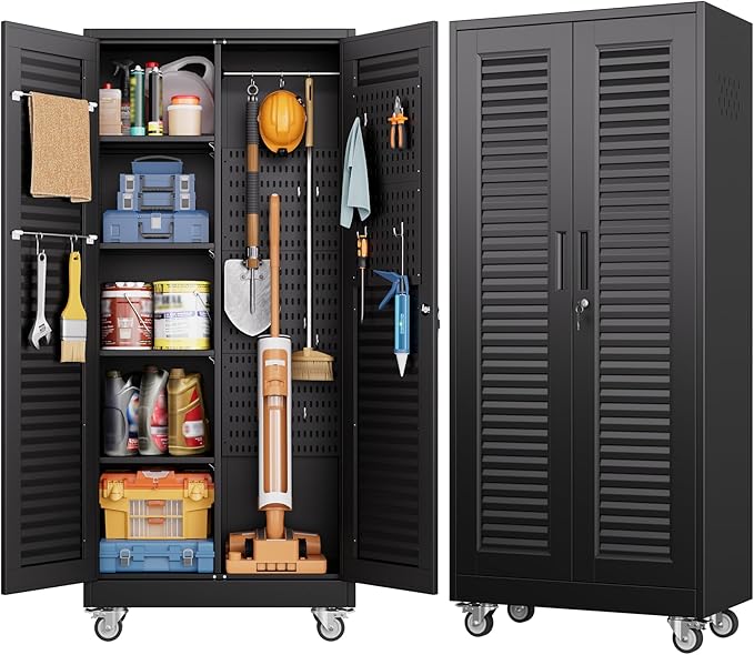 Aobabo Broom Closet Storage Cabinet,Lockable Garage Storage Cabinet with 4 Adjuatable Shelves,Required Assembly,Black,70.87''H*31.5''W*15.75''D