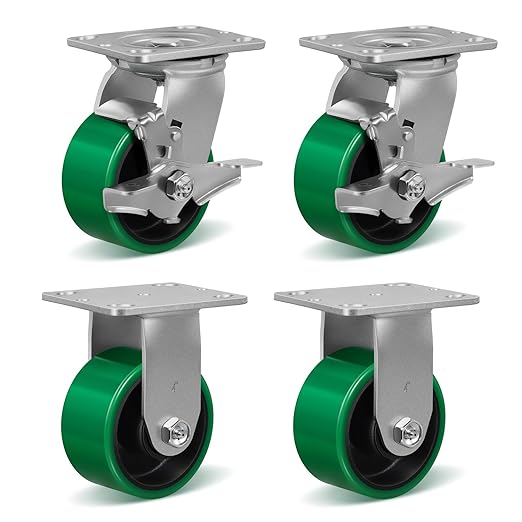 4 Inch Caster Wheels Heavy Duty, Polyurethane Industrial Casters Set of 4 Load 3200lbs, Plate Caster for Carts, Dollies, Racks, Industrial Equipment(2 Brake & 2 Rigid)