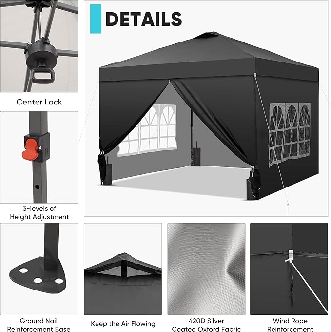 Saemoza 10x10 Pop Up Canopy Tent with One Push Setup, Portable Sun Shade Tent, Instant Easy Up Canopy with 4-Sidewalls & Handbag, Outdoor Fldable Gazebo with Vent Top, Black.
