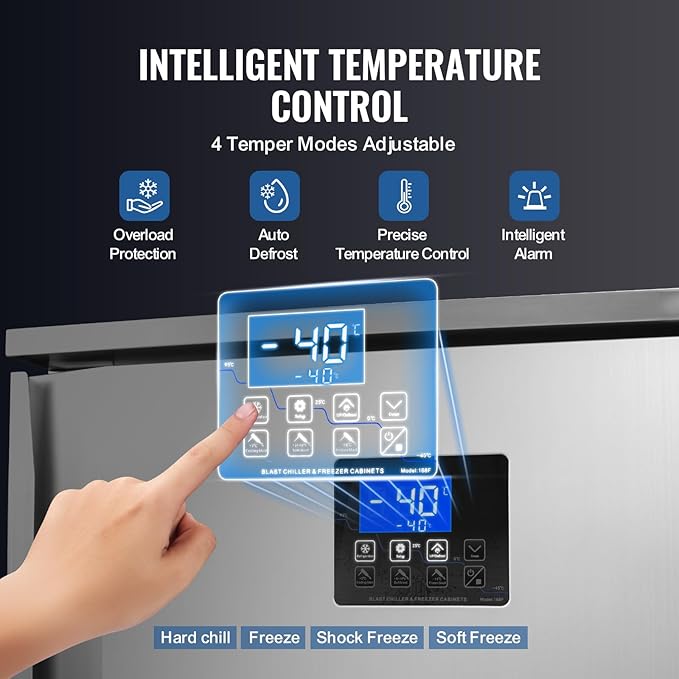 VEVOR 114 L Blast Chiller, 5 Trays Commercial Flash Freezers, <-31~68°F> 4 Modes Chest Shock Frozen, 304 Stainless Steel Flash Freezer, 360° Defrost Blast Chiller with Caster for Seafood, Ice Cream