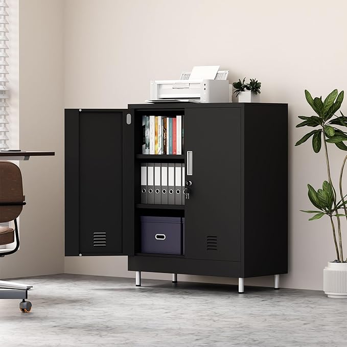 Metal Storage Cabinet with Locking Doors and 2 Adjustable Shelves, Lockable Storage Cabinet for Home Office Garage Pantry Living Room (Black)