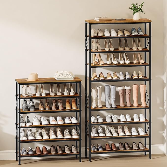 6-Tier Tall Shoe Rack Organizer, Wooden Shoe Storage for Closet Holds 24 Pairs, Sturdy Shoe Shelf with X-Shaped Metal Support, for Entryway, Bedroom, Rustic Brown and Black SS206BR