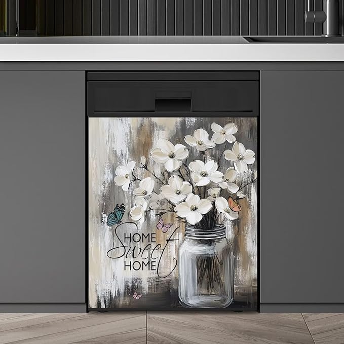 Rustic Farmhouse White Flowers Dishwasher Magnet Cover,Pastoral Floral Magnetic Dishwasher Cover Vinyl Sticker,Fridge Door Cover Magnets Art Skin Panel Decal,Home Decor Decal,23"X26"
