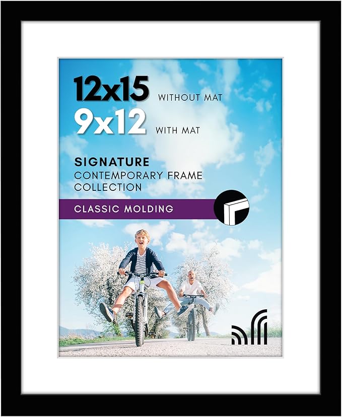 Americanflat 12x15 Picture Frame with Shatter-Resistant Glass - Use as 9x12 Frame with Mat or Display 12x15 Photo Without Mat - Signature Collection - Picture Frames for Wall Display - Black