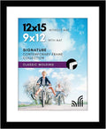 Americanflat 12x15 Picture Frame with Shatter-Resistant Glass - Use as 9x12 Frame with Mat or Display 12x15 Photo Without Mat - Signature Collection - Picture Frames for Wall Display - Black