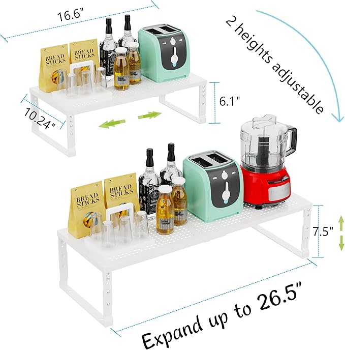 Expandable Adjustable Stackable Kitchen Organizer, Spice Rack,Metal Pantry Storage Shelves Racks,Counter Shelf for Cabinets, Countertop, Cupboard (1 Pack/Large/White)