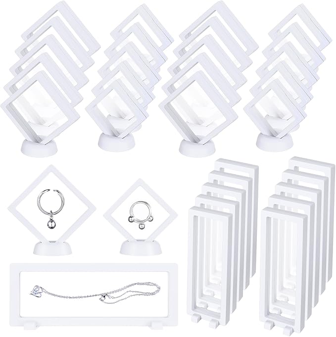 30 Pack 3D Floating Display Stand Floating Frame Display Case Coin Display Holder with Base Transparent PE Jewelry Storage Box Black Freeze Seal Frame for Jewelry,Specimen,Medallions( White)