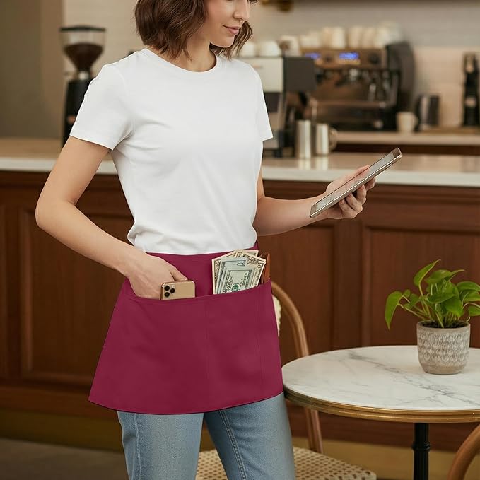 BOHARERS Waist Apron with 3 Pockets - Black Waitress Waiter Server Short Aprons