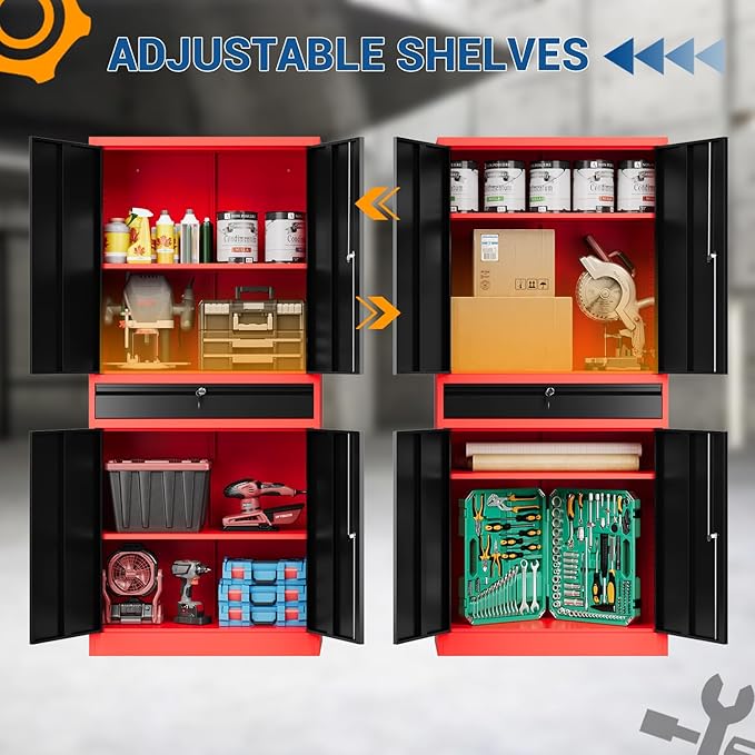 71" Metal Cabinet-Black&Gray Heavy Duty Storage File Cabinet Steel Tool Cabinets with Shelves, Lockable Doors and Drawers- for Garage, Pantry, Warehouse - Assembly Required