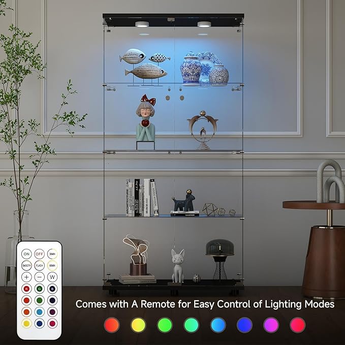 Tempered Glass Display Cabinet with Lights, 4-Tier Curio Cabinet with Glass Doors and Lock, Glass Display Case for Collectibles, for Living Room, Bedroom, Office, Black, Double Door