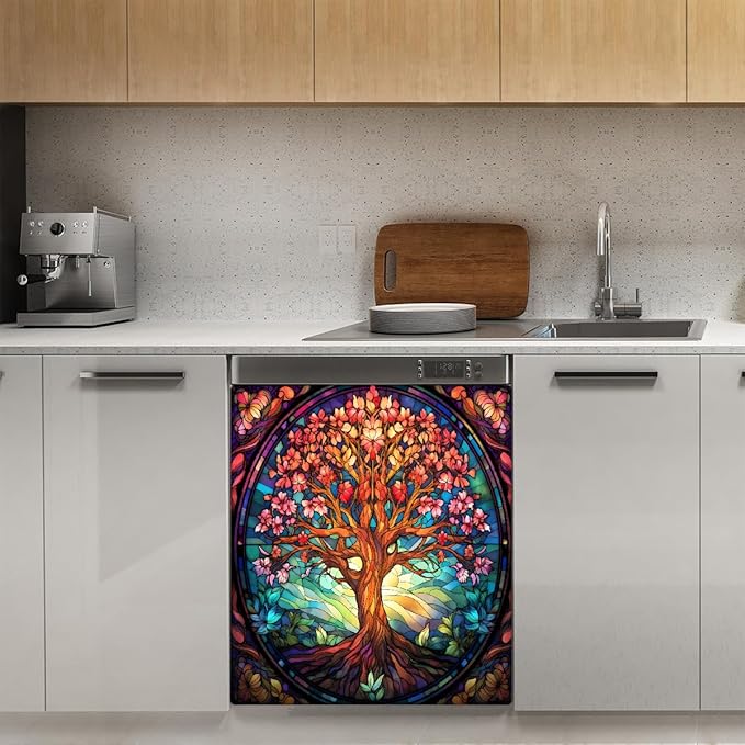 Dishwasher Magnet Cover Tree of Life Flower Magnetic Dishwasher Decorative Cover Front Dishwasher Door Cover Reuseable Dishwasher Cover Panel Decal for Kitchen Refrigerator Home Appliances 26" X 23"