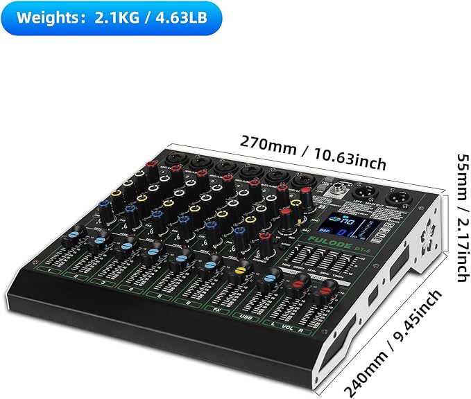 Professional DJ Audio Mixer,6 Channel Sound Mixing music Board With 99 DSP Effects,Console System PA Mixer with Bluetooth,w/USB,48V Phantom Power,Vocal Removal for Live Streaming Studio(DT-6)