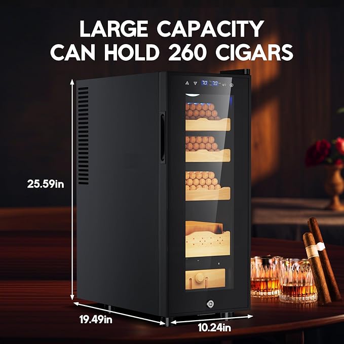 Tylza Cigar Humidor Cabinet 35L, Temp & Humidity Control Electric Humidors for Cigars, 260 Cigars, Digital Hygrometer, Safety Lock, Cigar Humidors with Cedar Wood Drawer Shelves, Cigar Gifts for Men