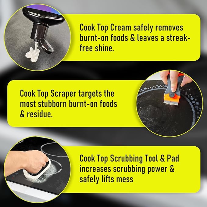 Cooktop Cleaner Kit,17 oz Glass Top Stove Cleaner and Polish,Stove Top Cleaner Kit with Scraper,Scrubbing Pad,Removes Tough Stains