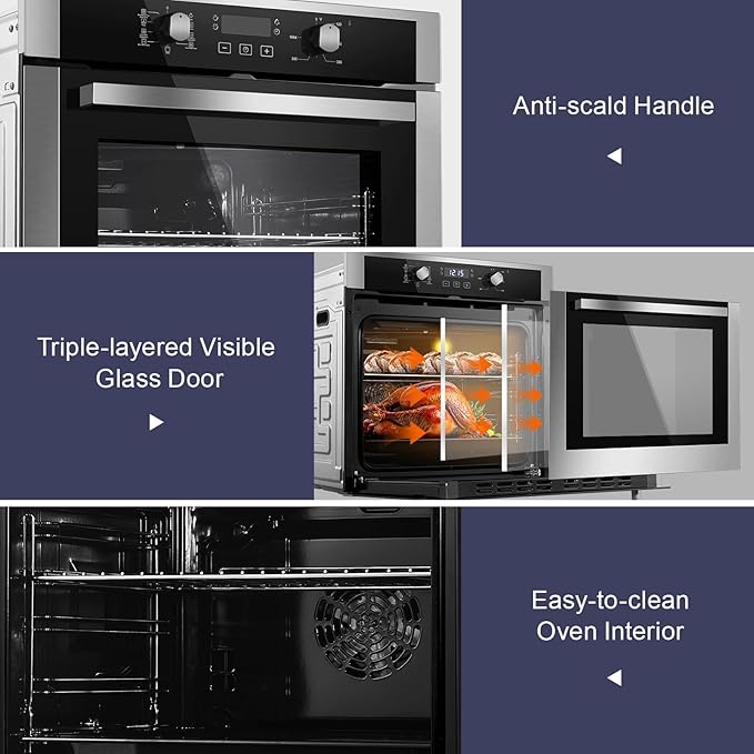 Wall Ovens 24 Inch Electric 3220W,2.8 Cu.Ft Single Wall Oven with 3-Key Digital Control,for Precise Baking,360° Rotisserie, 9 Functions & Easy-Clean Enamel Cavity for restaurant, and home