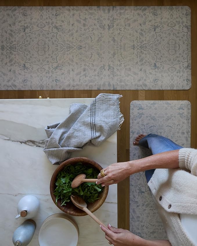 House of Noa Nama Standing Mat – Anti-Fatigue Cushioned Kitchen Mats for Floor | Ergonomic Bounce-Back Foam Kitchen Mats | Anti-Fatigue Mats for Kitchen & Standing | Emile Delft Blue | 30" x 108"