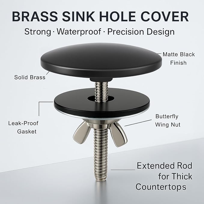 Solid Brass Kitchen Sink Hole Cover, 2 Inch Faucet Hole Plate Stopper Cover Blanking Plug, Matte Black Finish for Kitchen and Bathroom Sinks (Matte Black)