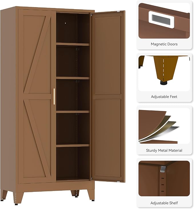 71" Tall Pantry Cabinet, White Metal Pantry Storage Cabinet, Kitchen Pantry Storage Cabinets with 2 Door and 4 Adjustable Shelves (Brown, 71" H)