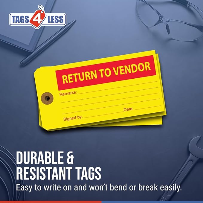 Tags 4 Less Production Quality Control Hang Tags – Equipment Preventative Maintenance Labels, for Easy Record-Keeping for Inventory Status (Return to Vendor, Pack of 100)