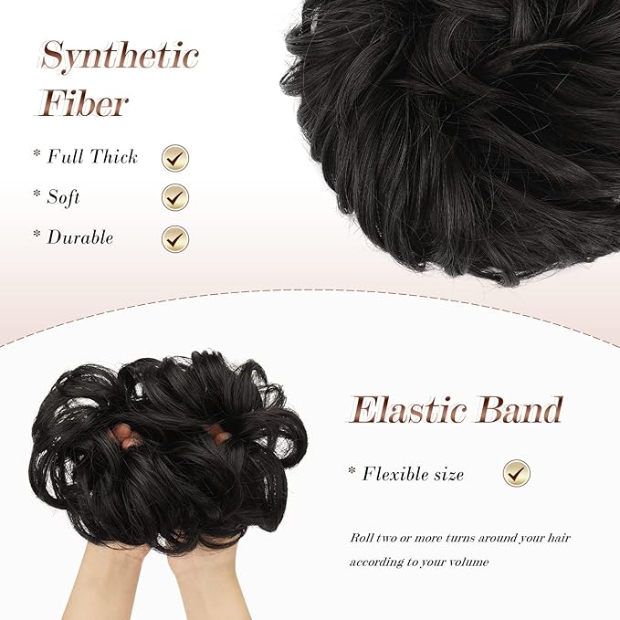 FESHFEN Large Messy Bun Hair Piece - Wavy Synthetic Chignon Scrunchies Elastic Ponytail Hair Extensions Thick Hairpieces for Women, Black Brown 1.94oz
