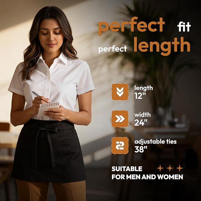 White Classic 12 Pack - Black Server Waist Aprons with 3 Pockets, Waitress Half Apron