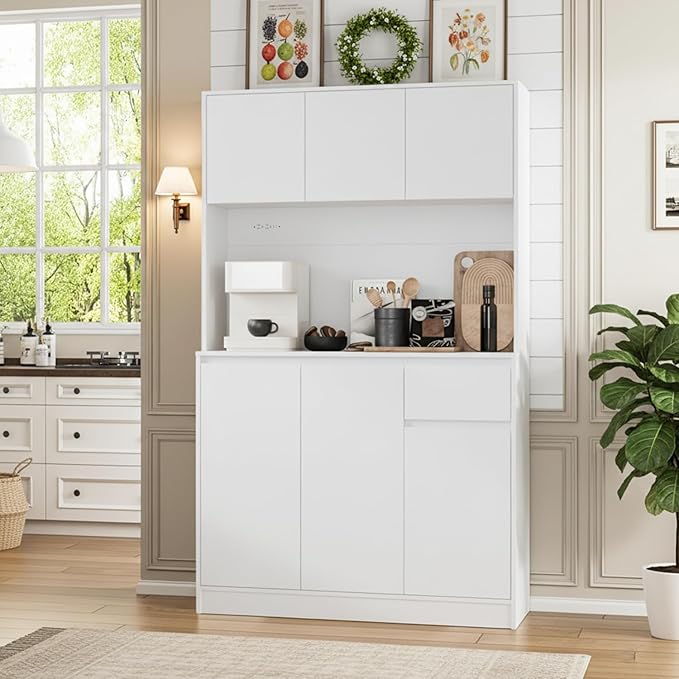 71" Tall White Kitchen Pantry Cabinet with 6 Doors & Power Outlet, Freestanding Storage Hutch with Countertop, Adjustable Shelves for Dining Room, Laundry Room