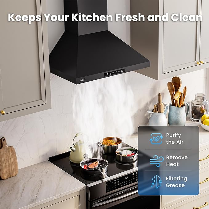 Wall Mount 30 Inch Range Hood 900 CFM, Ductless/Ducted Convertible, 3-speed Gesture Sensing & Touch Control, Black Painted Stainless Steel Kitchen Vent Hood with Permanent Baffle Filters