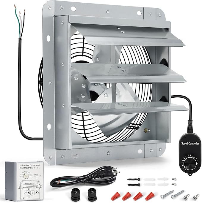 7 Inch Shutter Exhaust Fan, Wall Mount Attic Fan with Thermostat and Speed Controller for Greenhouses, Sheds, Garages, Chicken Coops, Barns Ventilation, 760 CFM