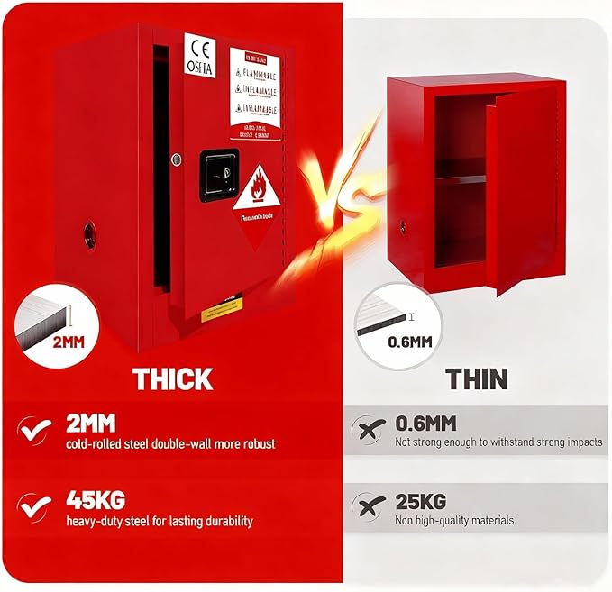 Red Flammable Storage Cabinet 16 Gallon, 18" x 18" x 23" All-Welded Steel Hazardous Cabinet, Adjustable Shelf & Manual Doors for Commercial Use, Warehouses, Lab & Industrial