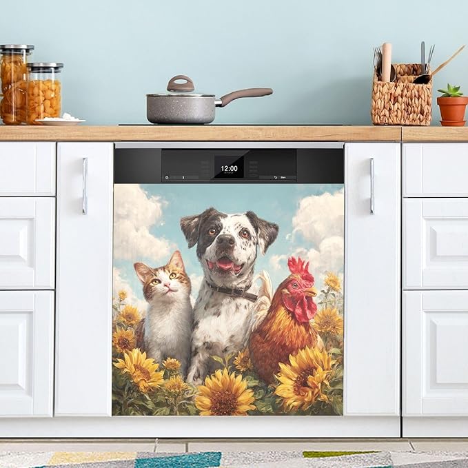 Blue Dog Cat Sunflower Dishwasher Magnet Cover for Front Panel Magnetic Dishwasher Cover Decorative Refrigerator Magnet Covers Dishwashers Magnetic Sticker for Kitchen Decor, 23" x 26"