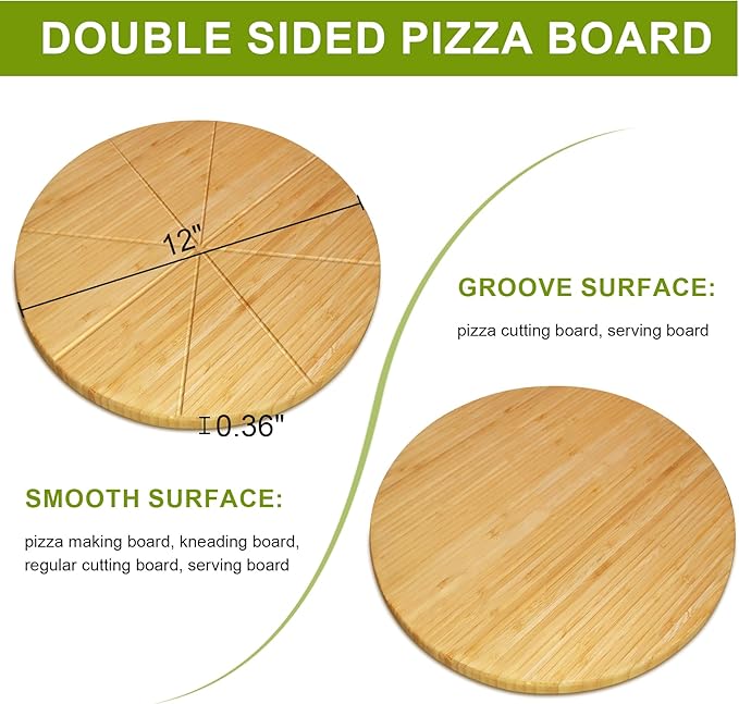 Round Pizza Cutting Board 12inch 2Pack Double Sided Bamboo Wooden Pizza Tray Meat Bread Cheese Serving Platter Pizza Oven Accessories Pizza Prep Board Paddle Blocks Circular Circle