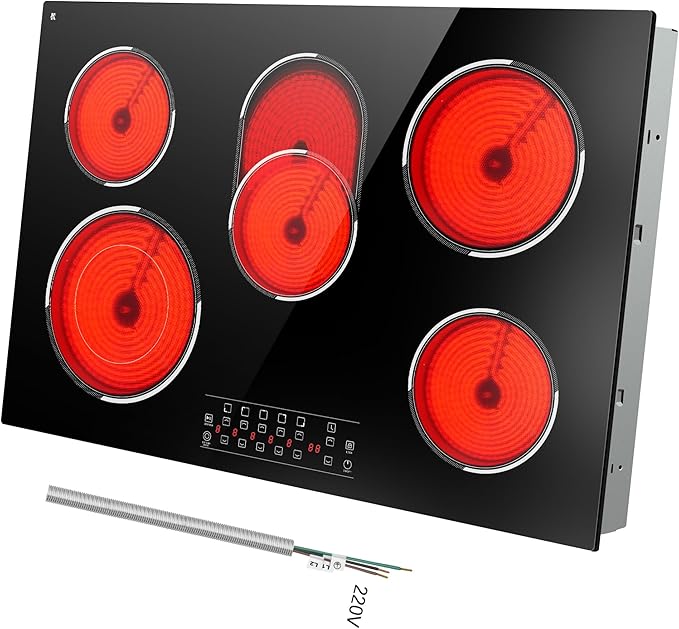 30 Inch Electric Cooktop 5 Burner, 8400W Built-in Electric Stove Top, 30" Ceramic Cooktop with Expanded Zone, Touch Control, Timer, Pause Control, Safety Lock, 220-240V, Hard Wire, No Plug