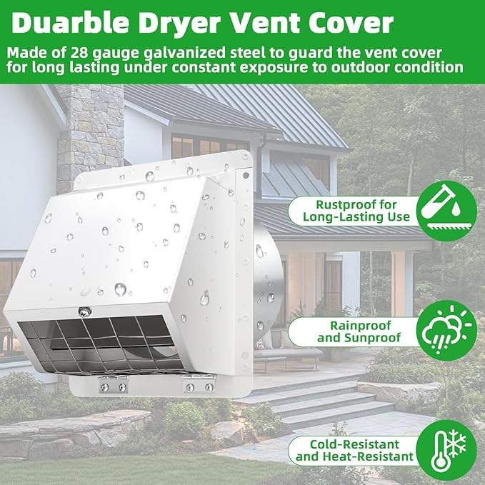 Dryer Vent Cover Outside 5 Inch,Dryer Vent Cover for Exterior Wall,External Extractor Wall Vent Exhaust Vent Cover with Screen and Damper,Dryer Vent Cap for Duct House Kitchen Range Hood AC,White