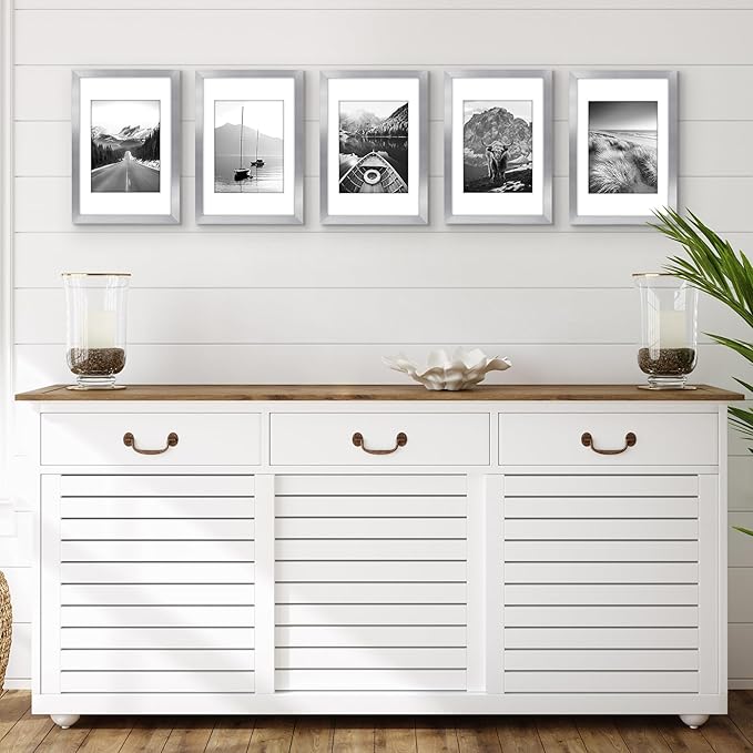 Americanflat 8x12 Picture Frame with Polished Plexiglass - Set of 5 - Use as 6x8 Frame with Mat or Display 8x12 Photo Without Mat - Galleria Collection - Picture Frames for Wall Display - Silver