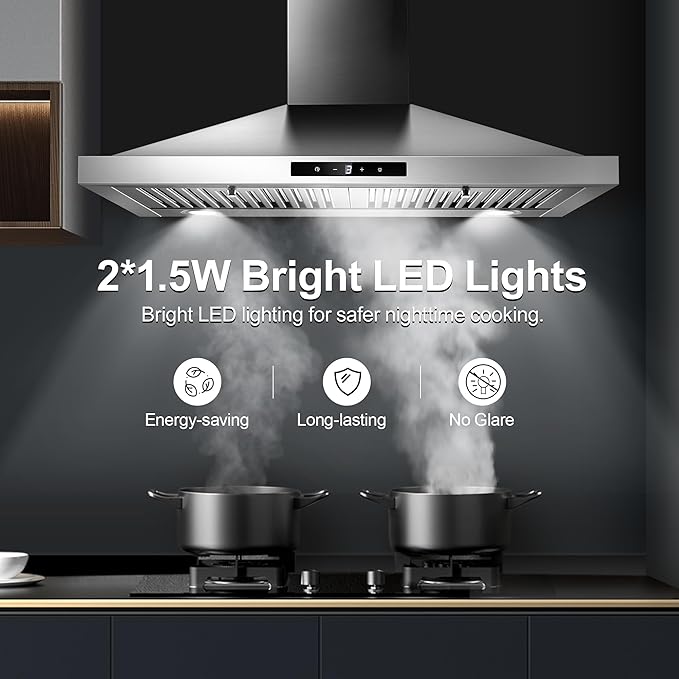 Range Hood 30 inch, Vent Hoods 30 inch Stainless Steel, 450 CFM Ductless/Ducted Convertible Kitchen Hood with LED Light Baffle Filters, 3 Speed Exhaust Fan,Touch Control